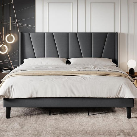 King Size Bed Frame with Geometric Wingback Headboard, Upholstered Platform Bed