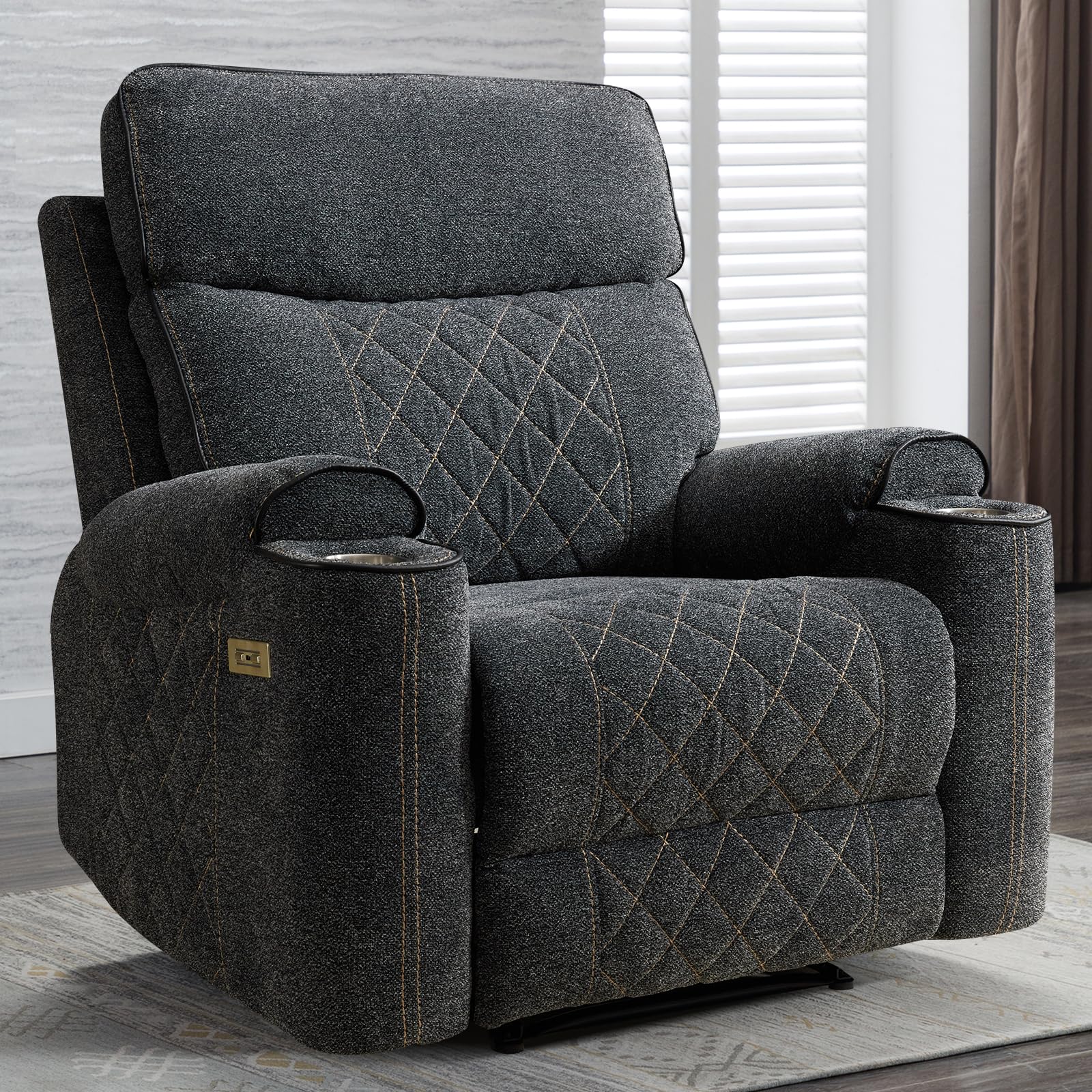 GridComfort Dark Grey Power Recliner Chair with USB and Cup Holder