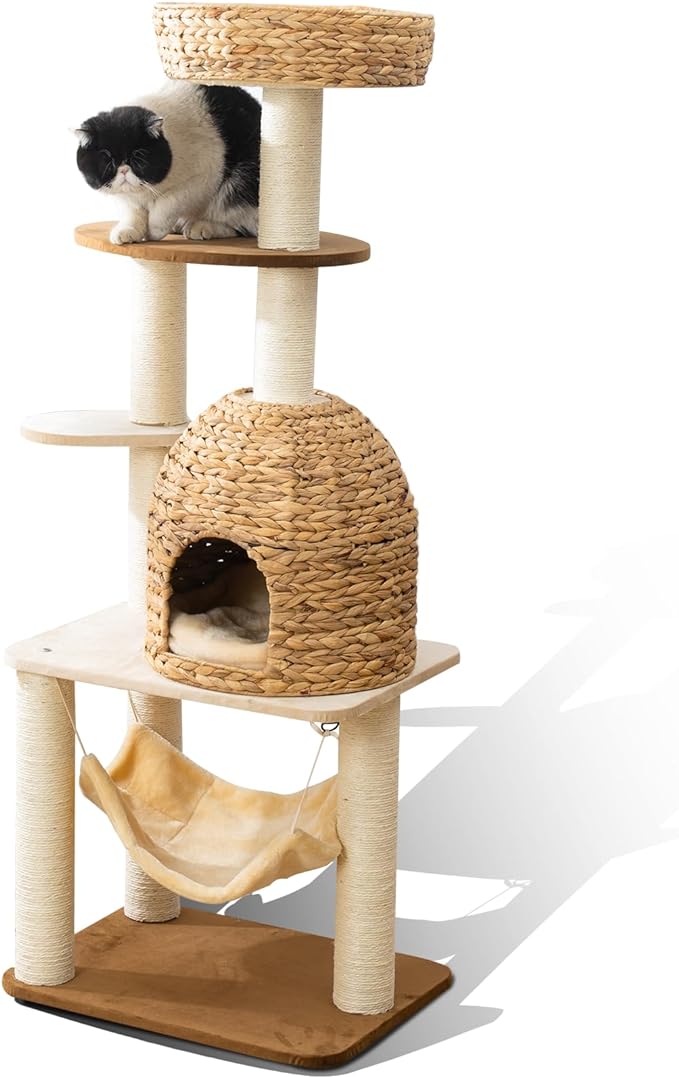 54" Modern Cat Tree Tower for Indoor Cats, Solid Oak Cat Scratching Tree