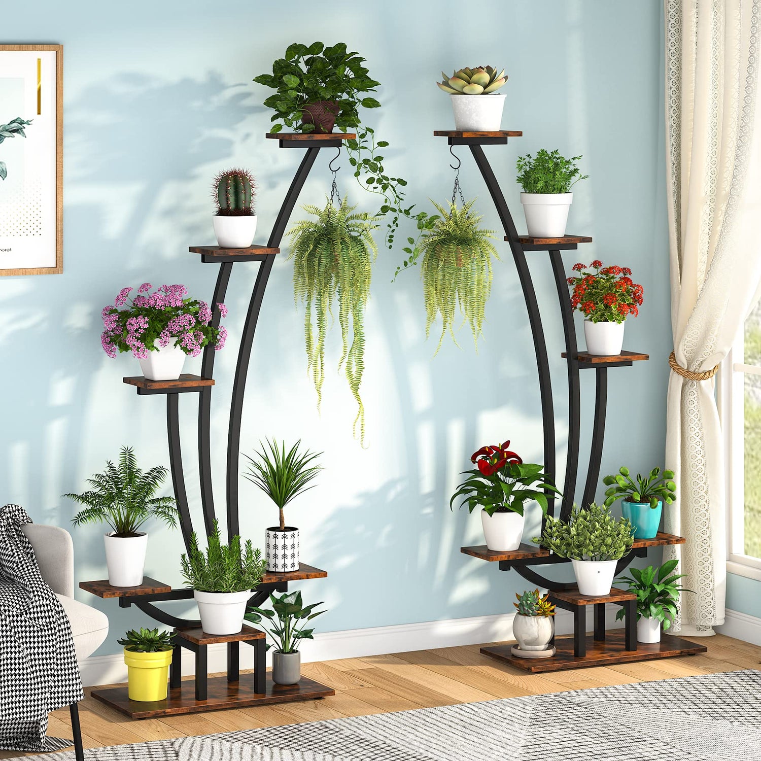 Half-moon plant display stand for indoor and outdoor use