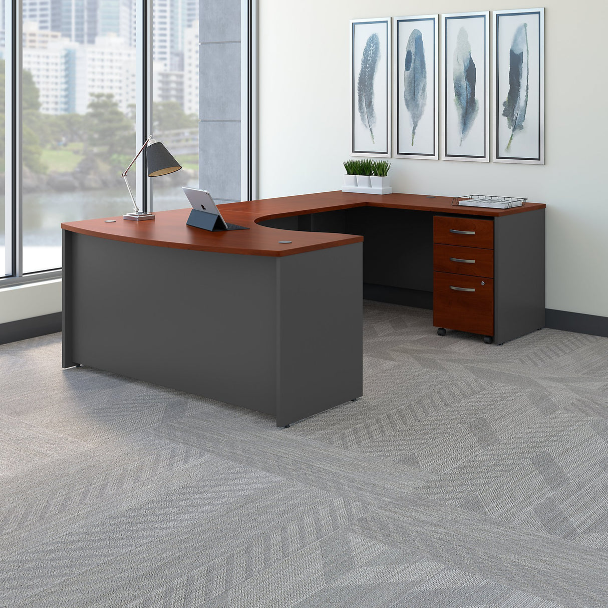 Hansen Cherry U-Shaped Executive Desk with Mobile File Cabinet