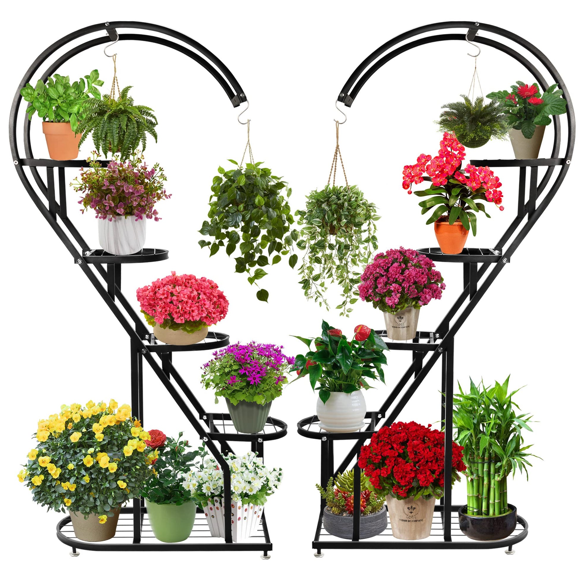 Heart-shaped 5-tier metal plant stand with ladder-style shelves