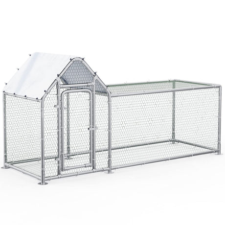 Heavy-duty galvanized steel chicken coop with PVC-coated hexagonal wire mesh and waterproof UV-resistant cover.