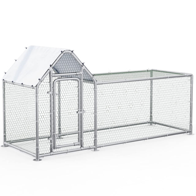Heavy-duty galvanized steel chicken coop with PVC-coated hexagonal wire mesh and waterproof UV-resistant cover.