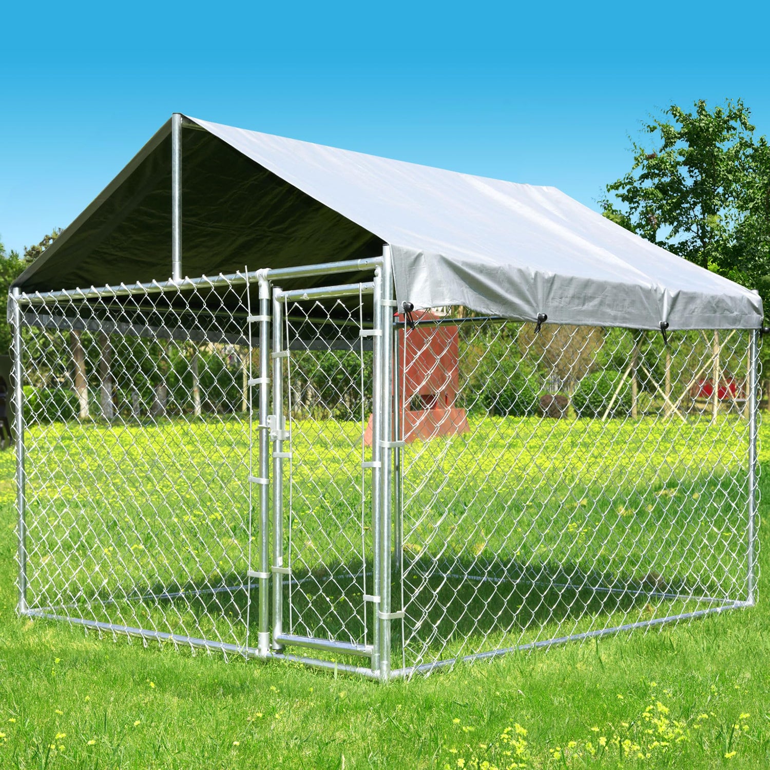 Heavy-duty galvanized steel dog run with secure lock and raised legs