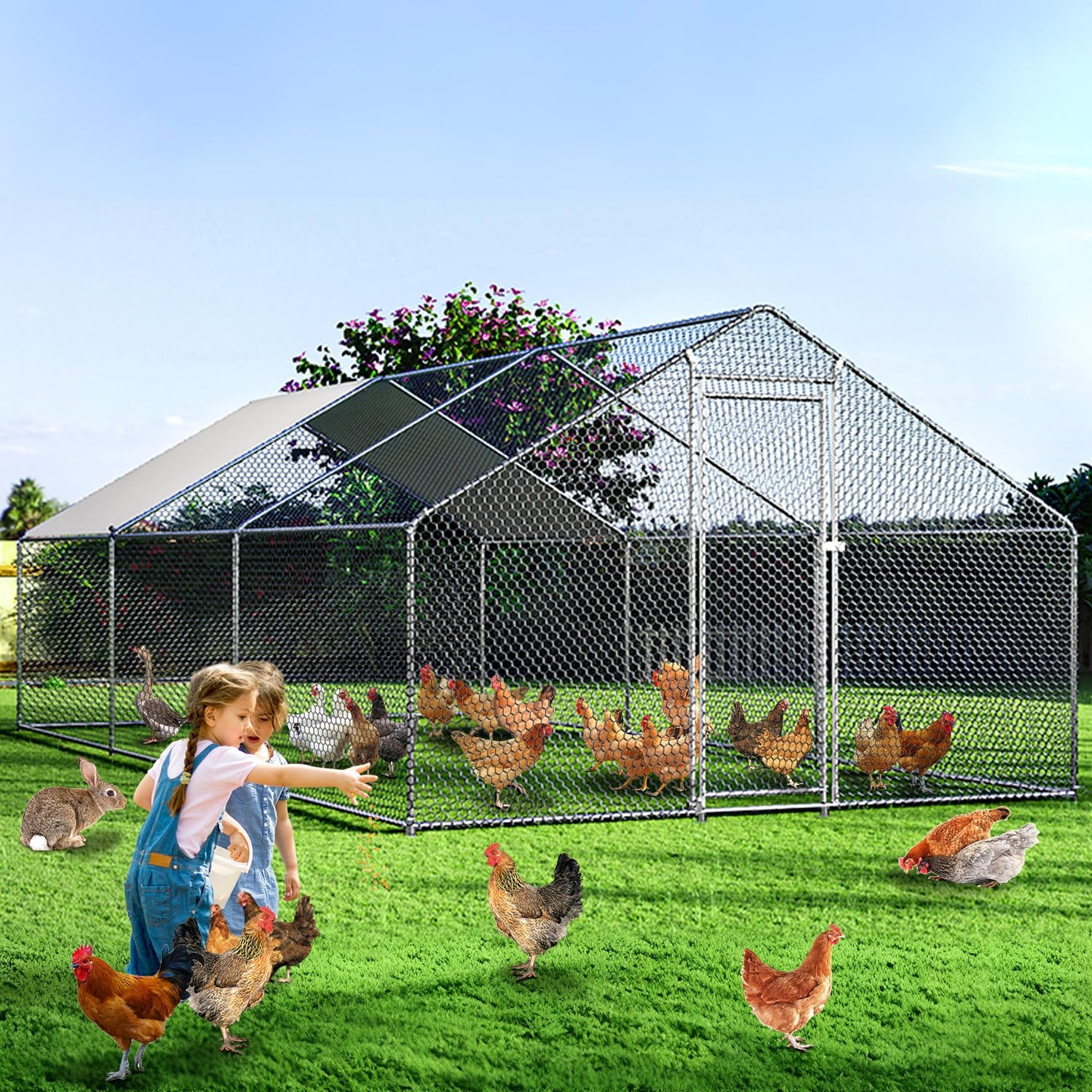 Heavy-duty outdoor poultry pen with rust-resistant frame and predator-proof mesh