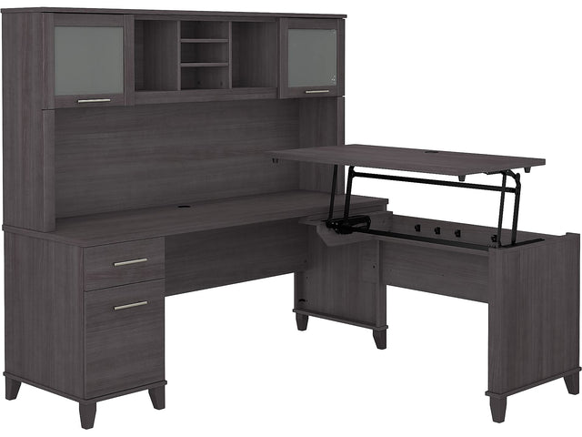 Height-adjustable desk with storage cabinets