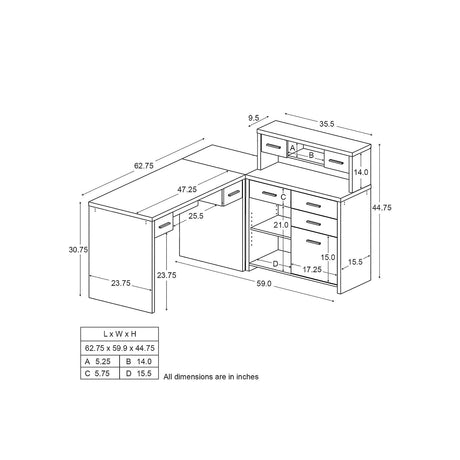Home Office Desk with Bookshelf and File Storage Dimensions