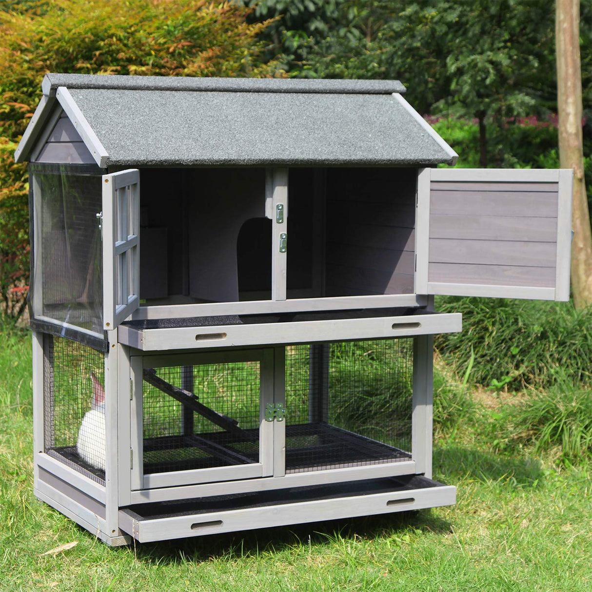 HopEase Deluxe rabbit hutch with wheels, dual trays, and wire mesh floor