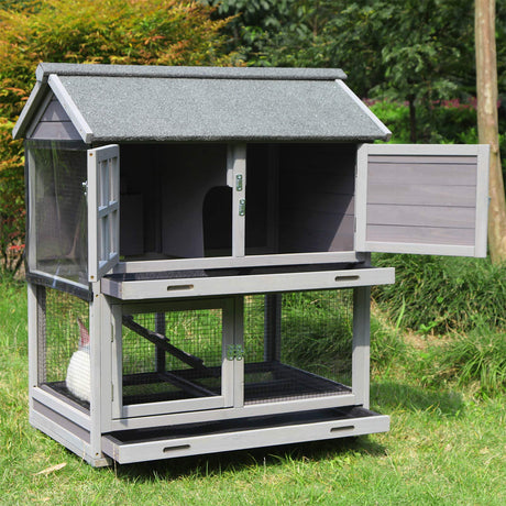 HopEase Deluxe rabbit hutch with wheels, dual trays, and wire mesh floor