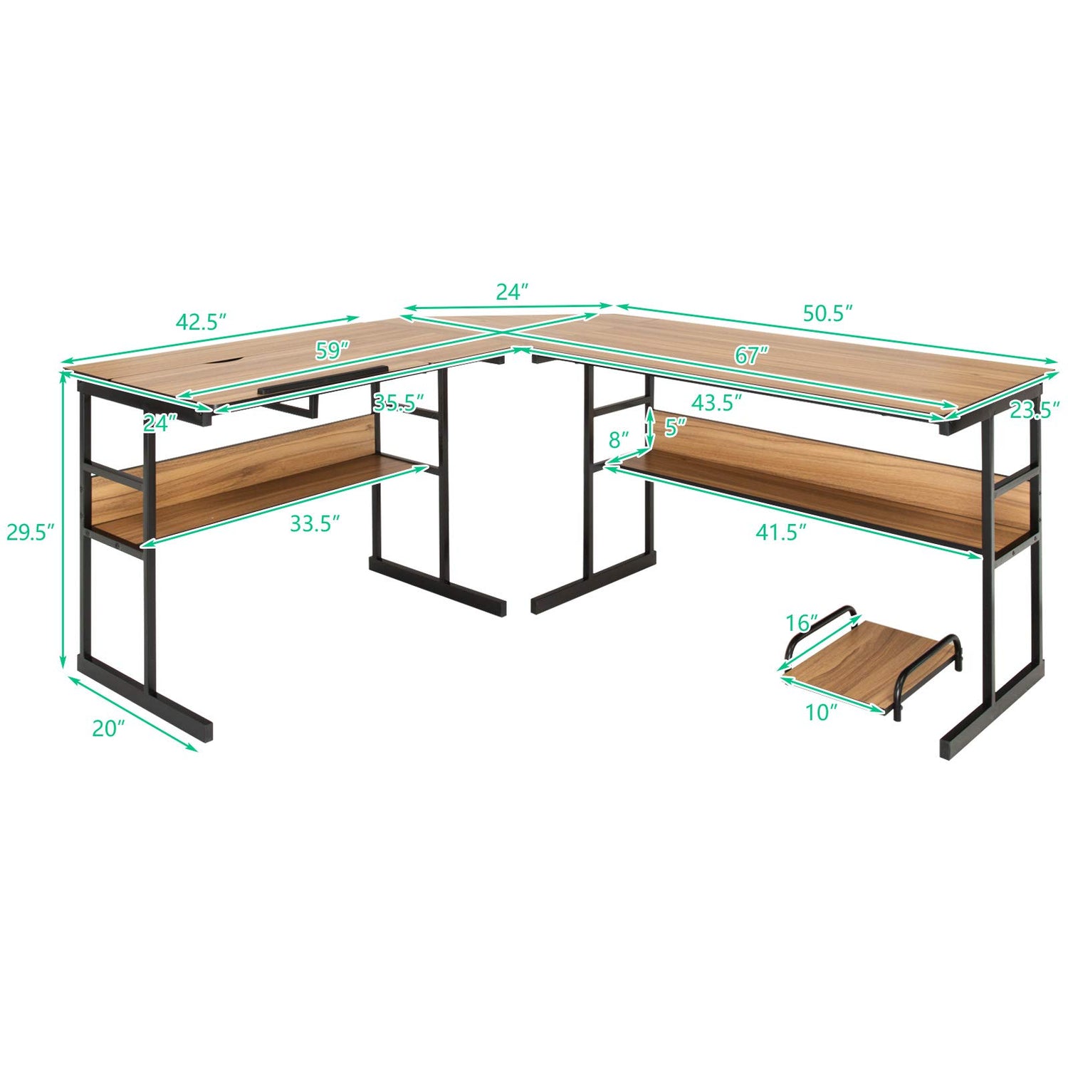 Illustration of desk dimensions: 67D x 59W x 29.5H inches