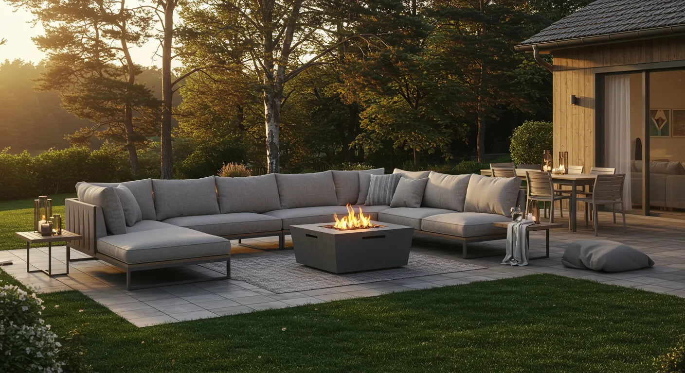 Luxury outdoor furniture, patio design, elegant garden decor, outdoor entertaining.