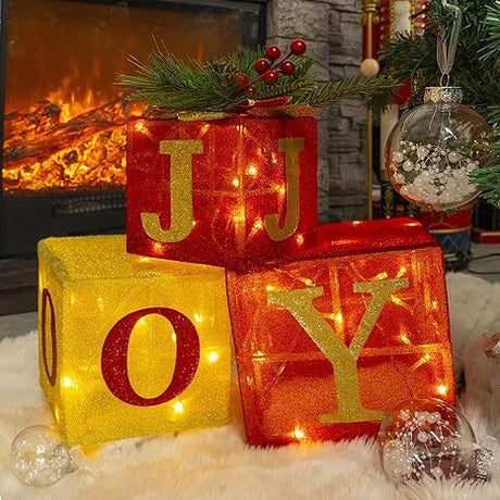 Set of 3 Christmas Lighted Gift Boxes, Pre-lit 60 LED Light