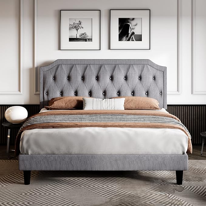 Upholstered Full Size Bed Frame, Platform Bed with Curved Rhombic Button Tufted Headboard