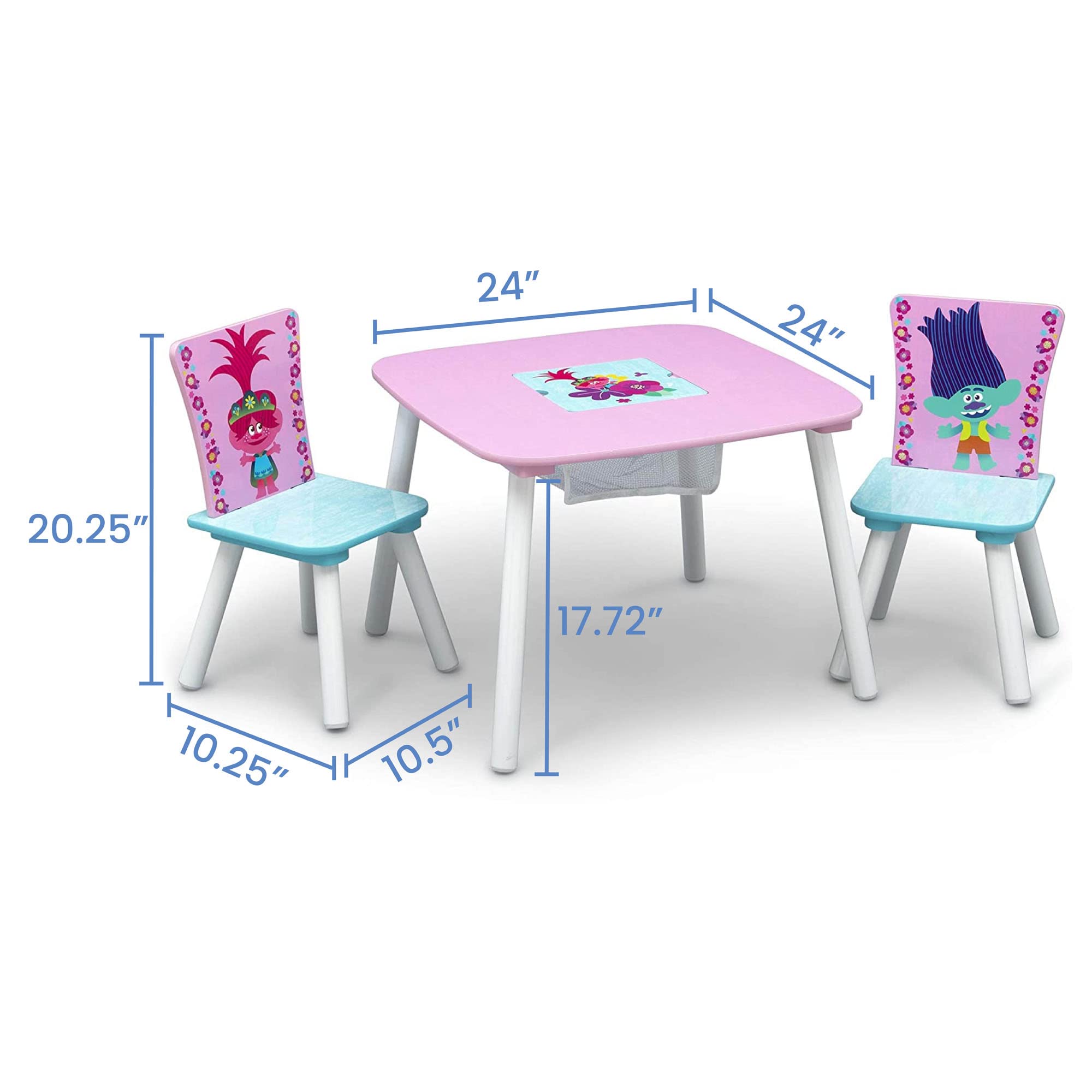 Dimensions of kids craft table and 2 chairs, perfect for safe and creative play.