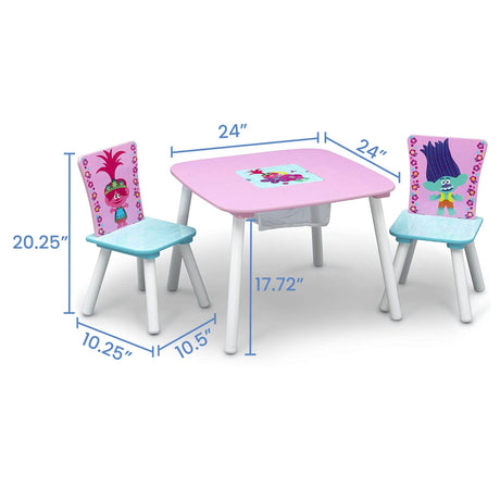 Dimensions of kids craft table and 2 chairs, perfect for safe and creative play.