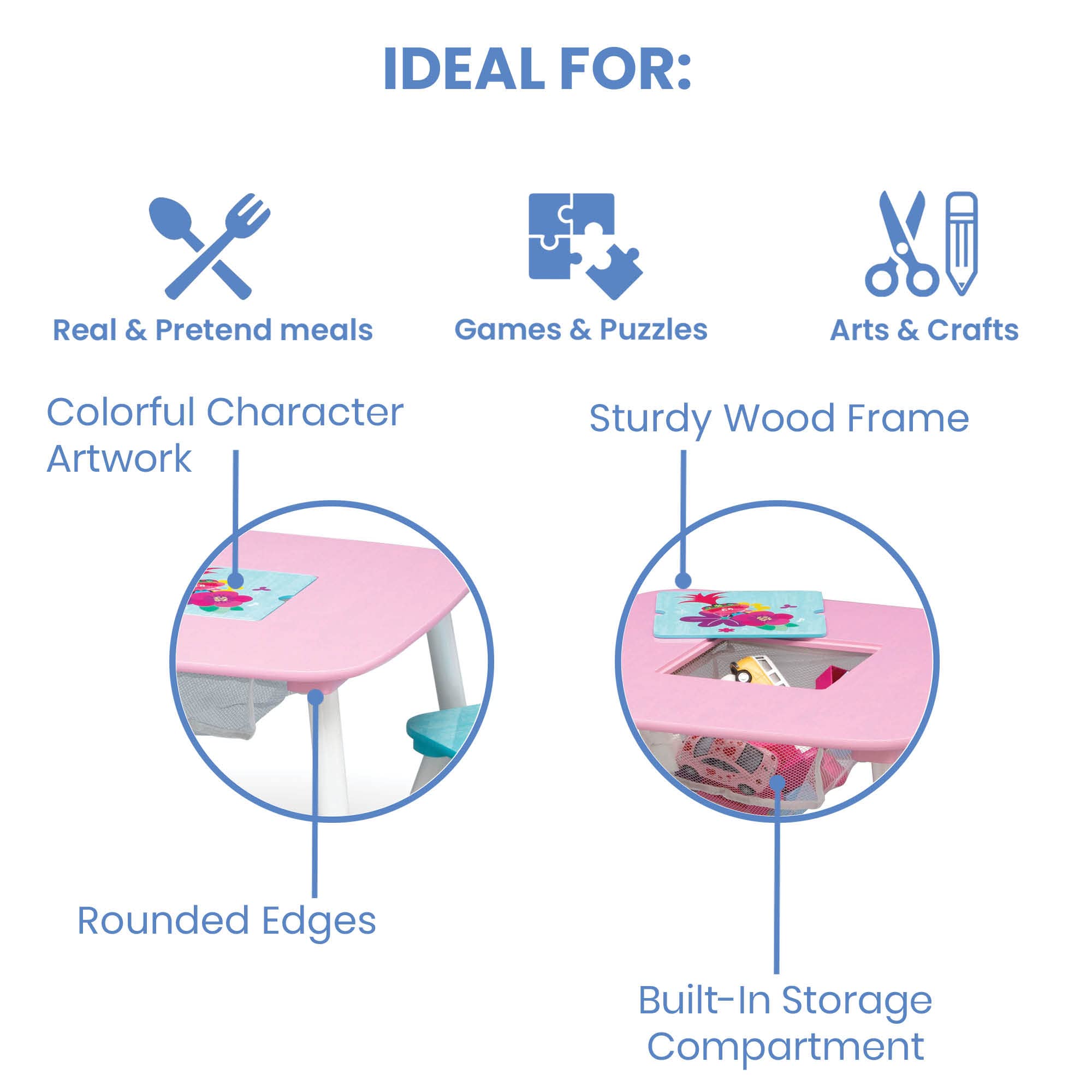 Kids art table with storage – sturdy wood frame, built-in storage compartment, rounded edges, and colorful character artwork for creative play.