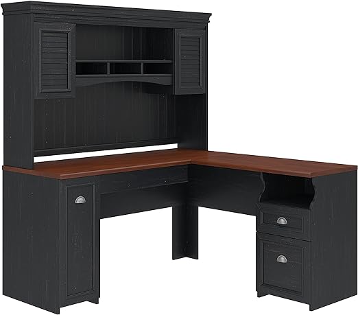 L-Shaped Desk with Hutch, Drawers & Storage - Black Finish