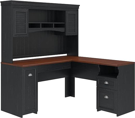 L-Shaped Desk with Hutch, Drawers & Storage - Black Finish