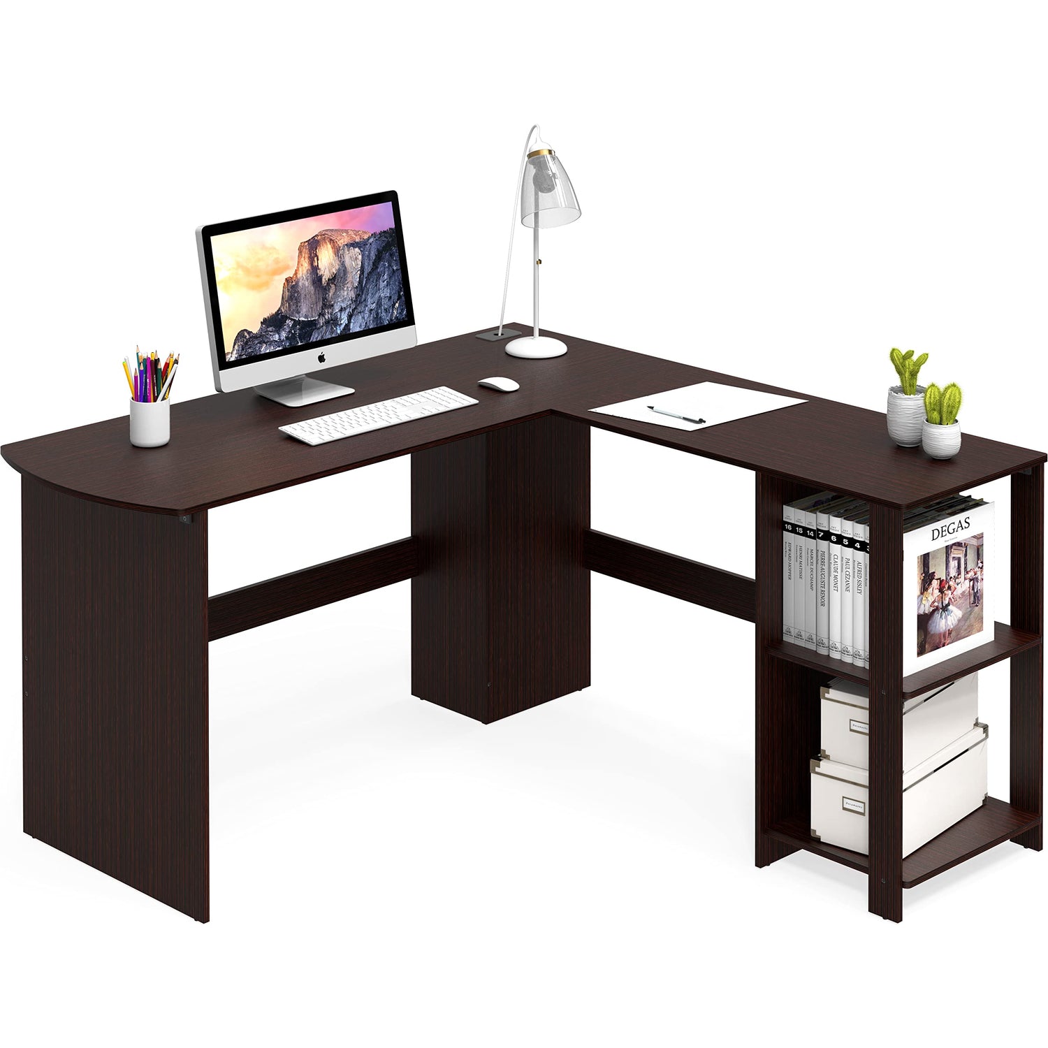 L-Shaped Home Office Wood Corner Desk in Espresso with Monitor and Accessories