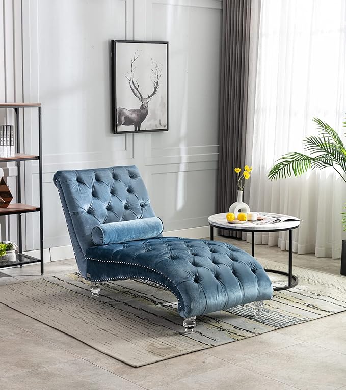 Velvet Chaise Lounge Chair with Toss Pillow