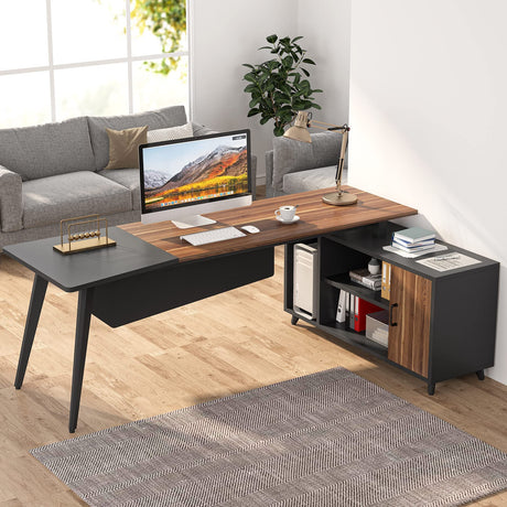 Large Executive Corner Desk with Built-in File Cabinet and Open Shelves