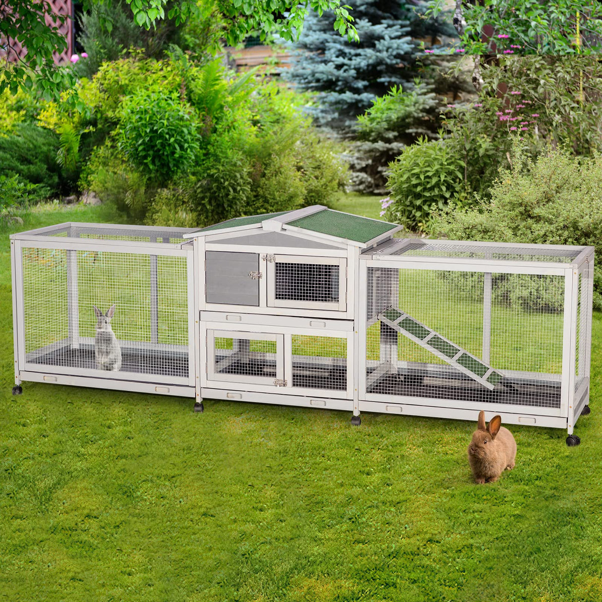 Large mobile bunny cage with asphalt roof and ramp access