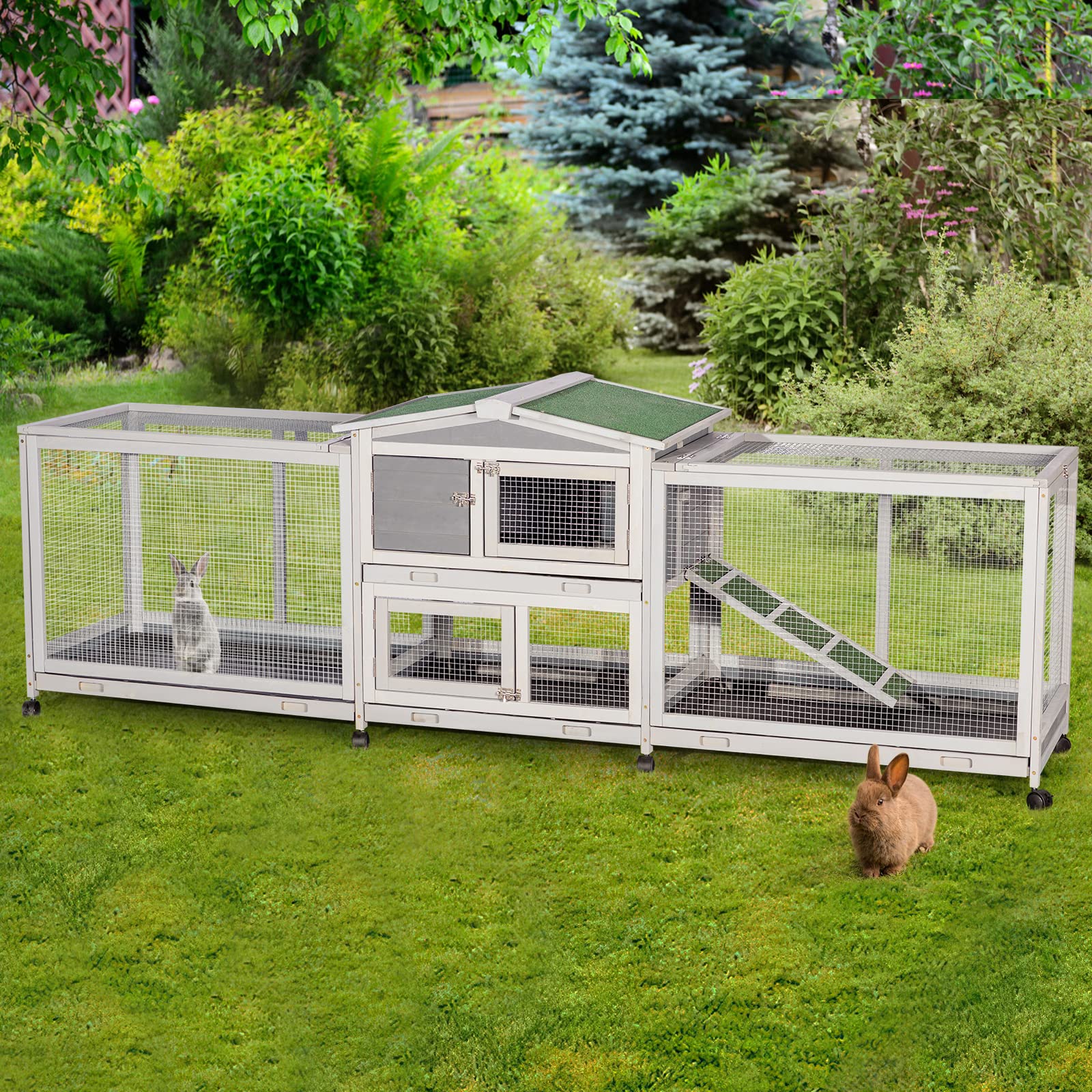 Large mobile bunny cage with asphalt roof and ramp access