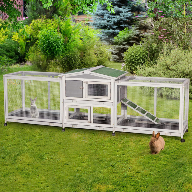 Large mobile bunny cage with asphalt roof and ramp access