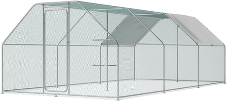 Large outdoor poultry cage with welded steel frame and climbing structure