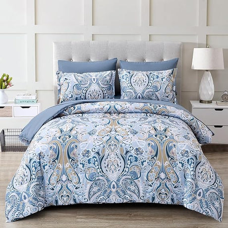 Paisley Comforter Set Queen,  Bed in a Bag Comforter Boho Paisley Pattern Bedding