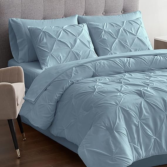 Queen Comforter Set 7 Pieces Pinch Pleat Bed in A Bag, Navy Comforter Queen Sets