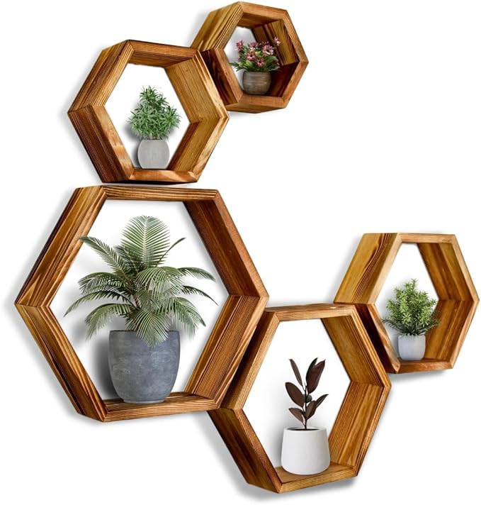 Set of 3 Pine Wood Hexagon Boho Shelves for Wall Decor - Farmhouse Honeycomb Rustic Shelves
