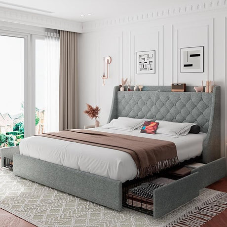 Queen Bed Frame with 4 Storage Drawers, Upholstered Platform Bed Frame with Type-C