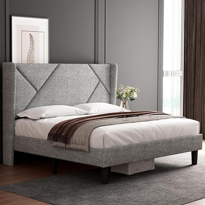 King Size Bed Frame Upholstered Platform with Complete Headboard and Strong Wooden
