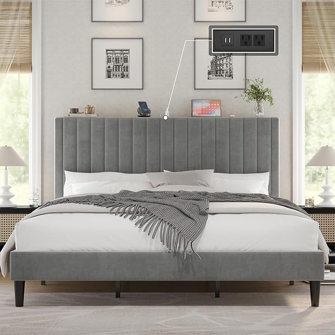 King Size Bed Frame, Velvet Upholstered Platform Bed with Channel Tufted Headboard