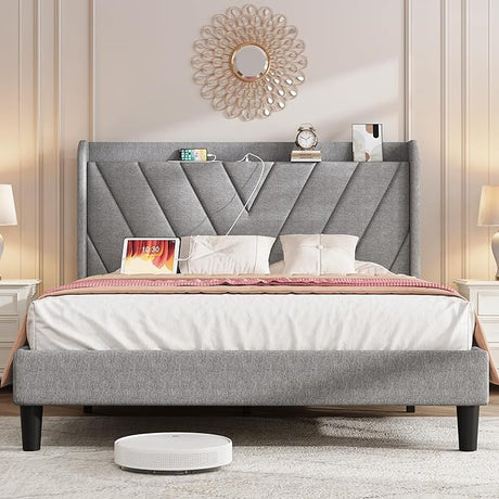 Queen Bed Frame, Adjustable Upholstered Platform Bed Frame with Type-C&USB Ports