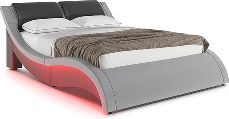 Lyon Wave Like LED Bed Frame Full Size - Contemporary Modern Curved Faux Leather