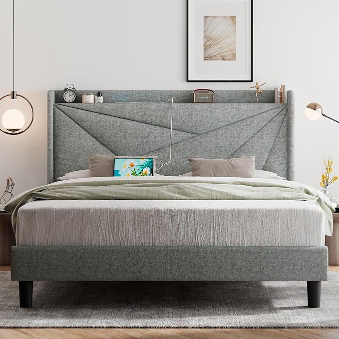 Queen Size Bed Frame with Type-C & USB Ports, Upholstered Platform Bed Frame