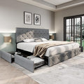 King Size Platform Bed Frame with 4 Storage Drawers and Headboard/Upholstered Diamond Stitched Button Tufted