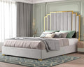 King Size Bed Frame and 65" Headboard, Upholstered Bed with Golden Plating Trim