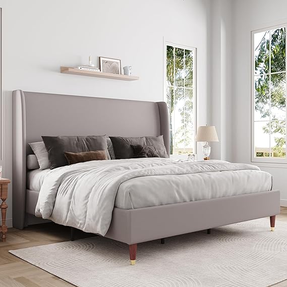 King Size Bed Frame with Upholstered Wingback, Platform Bed Frame