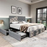 Upholstered Queen Size Platform Bed Frame with 4 Storage Drawers