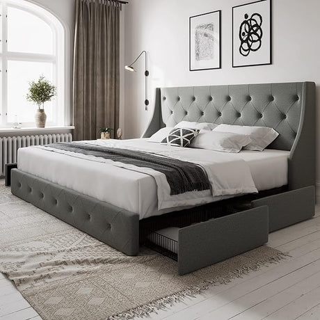 King Size Bed Frame with 4 Storage Drawers and Wingback Headboard