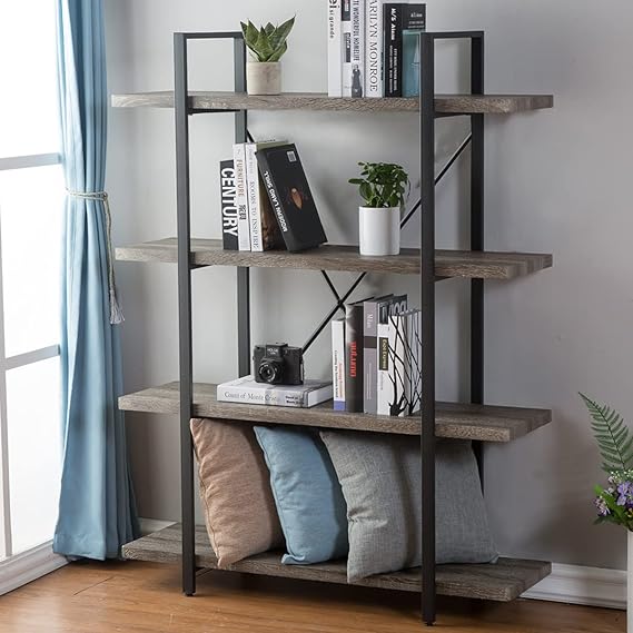 Industrial 4 Tier Bookshelf, Modern Metal and Wood