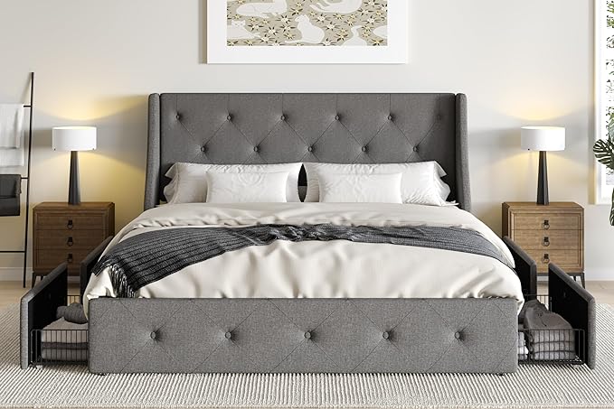 Queen Platform Upholstered Bed Frame with 4 Storage Drawers