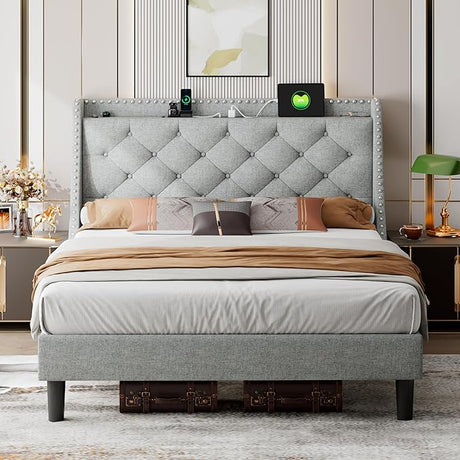 Queen Bed Frame with 16" Deluxe Wingback & USB & Type-C Ports