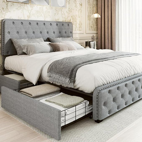 Queen Bed Frame with Headboard Storage Drawers of 4 Upholstered Bed Frame Platform