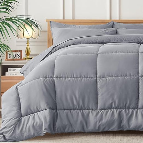 Queen Bed in a Bag - 7 Pieces Dark Grey Comforter Set, Lightweight All Season Ultra