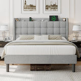 Queen Bed Frame with Button Tufted Headboard, Upholstered Platform Bed with Charging